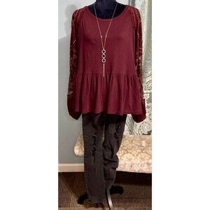 Free People Red Wine Embroidered Babydoll Top SzS Black Mudd Jeans Sz7